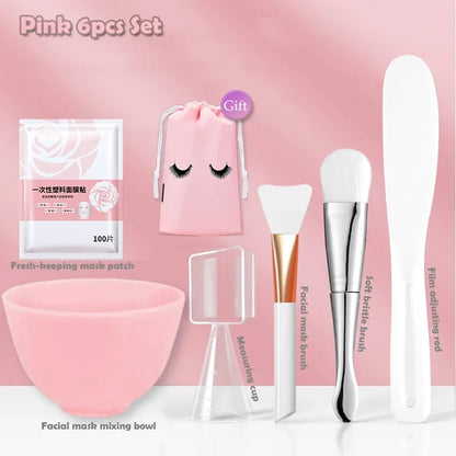 Silicone Face Mask Mixing Bowl Set Mixing Stick Spa Tool Beauty Salon Bowl Spoon Mask Mud Film Brush Silicone Facial Skincare Pink-6pcs
