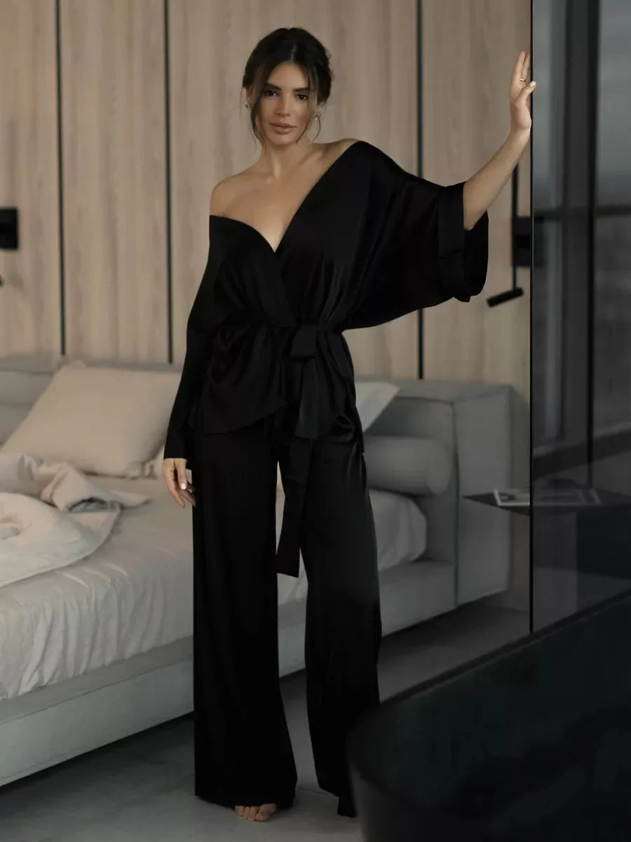 Mozuleva Solid Color Long Sleeved Pants Pajama 2-Piece Set Women's Autumn Winter Lace Up Nightgown Comfortable Home Clothing