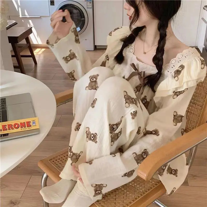 Spring and Autumn New Women's Pajamas Homewear Suit Female Court Style Doll Collar Japanese Girl Plaid Autumn and Winter Homewea