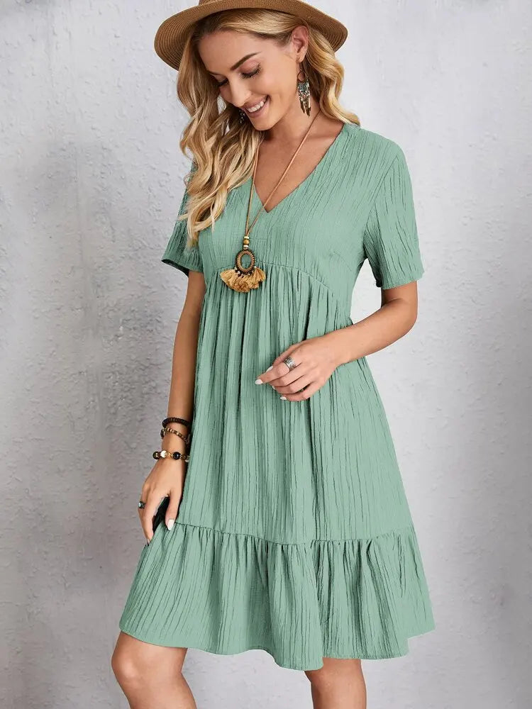 Women Elegant Short Sleeve V Neck Ruffles Dress Summer Casual Solid Loose Mini Dress Chic Bohemian Sundress Beach Party Vestidos Badiee Stylez