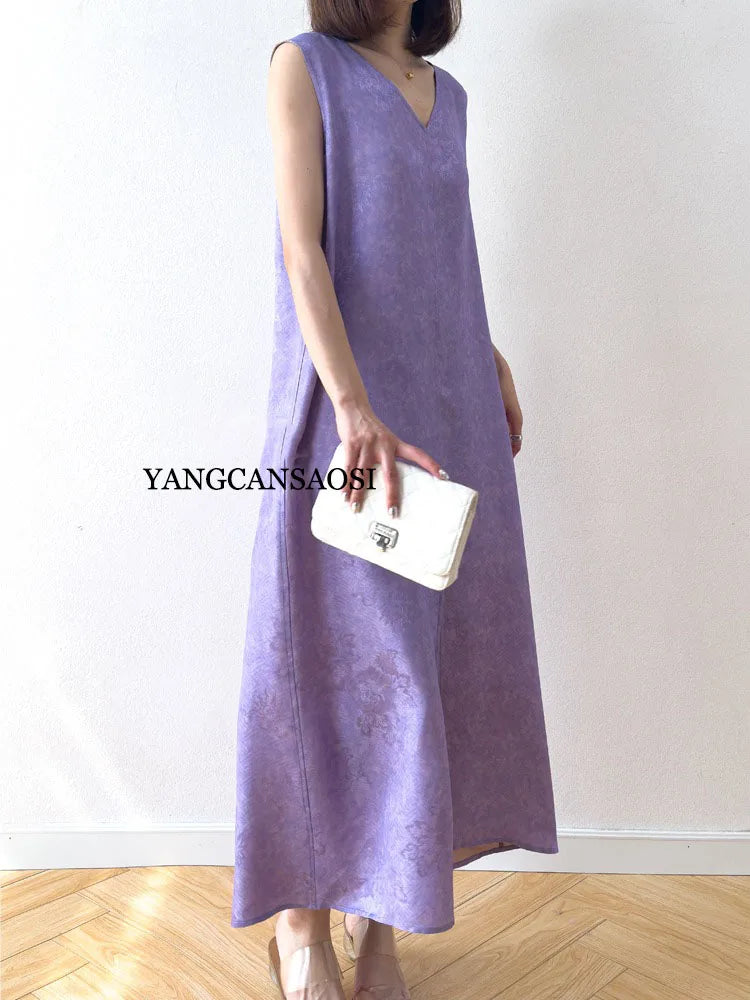 2025 Women's Summer New Luxury 100% Natural Mulberry Silk Jacquard Satin V-neck Split Double Sided Sleeveless Vest Dress Badiee Stylez