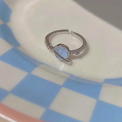 Korean Blue Crystal Planet Rings Y2K Creative Zircon Asteroid Open Ring Shiny Zircon Rings for Women Teens Party Jewelry
