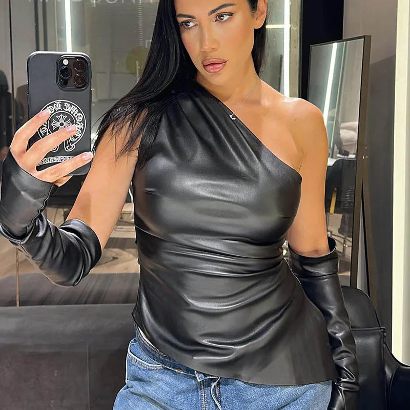 Sexy Shoulder waist Women's tops Leather vest with sleeves irregular hem vest women's clothing
