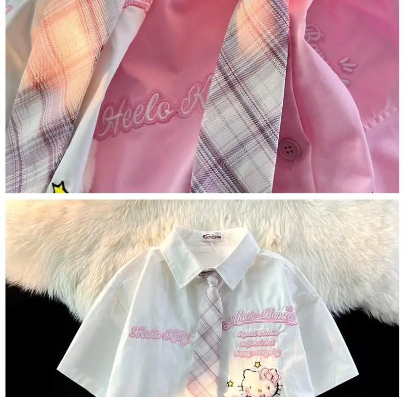 Hello Kitty Cute Short Sleeve Polo Shirts Women Sanrio Designer College Style Summer Blouse Korean Clothes Y2k New Fashion Tops