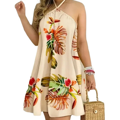 Plus Size Women 1XL-5XL Fashion Elegant Floral Print Halter Loose Dress Ladies Casual Sleeveless Summer Beach Dress Apricot