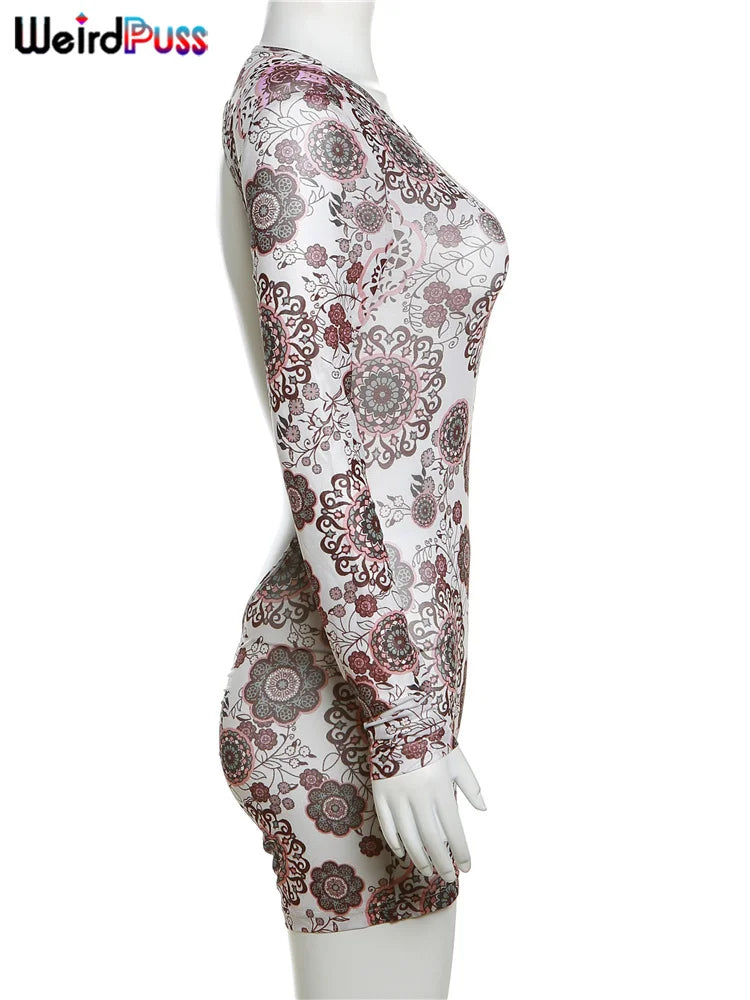 Weird Puss Backless Peach Buttocks Playsuit Women Flowers Print Autumn Trend Full Sleeve O-Neck Streetwear Sporty Workout Romper