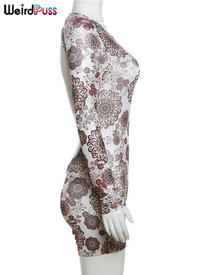 Weird Puss Backless Peach Buttocks Playsuit Women Flowers Print Autumn Trend Full Sleeve O-Neck Streetwear Sporty Workout Romper