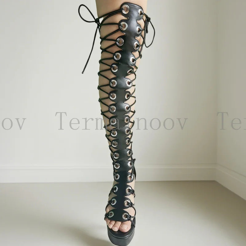 Summer Sexy Women Over Knee High Sandals Fashion Thick Heel Cross Straps Back Zipper Gladiator Shoes Holiday Party Shoes Dress