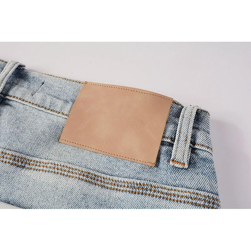 Men's American High Street Fashion Distressed Washed Classical Blue Damaged Holes Stretch Skinny Button Fly Jeans Pants