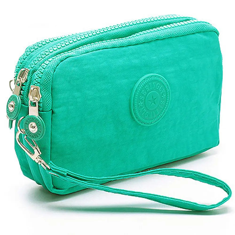 Bags Fabric Phone Purse Solid Color Coin Purse Three Zippers Bags Korean Style Wallets Women Wallets Wrinkle Clutch Bag green