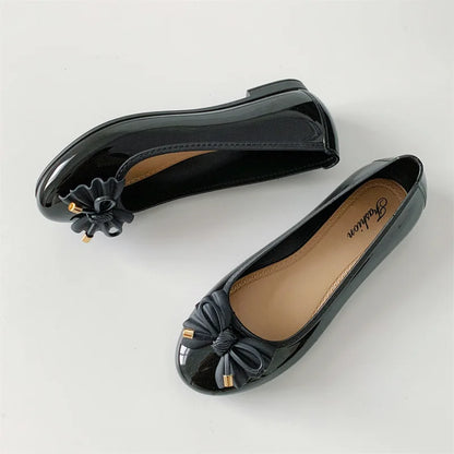 Women's Low cut Ballet Flats Shoes Casual Retro Bow Patent Leather Slip on Flat Round Toe Shallow mouth Loafer Mujer Zapatos
