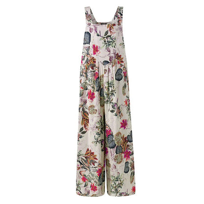 5XL Women Jumpsuit Vintage Leaf Floral Print Square Neck Sleeveless Rompers Overalls with Pockets Y2k Harajuku Streetwear