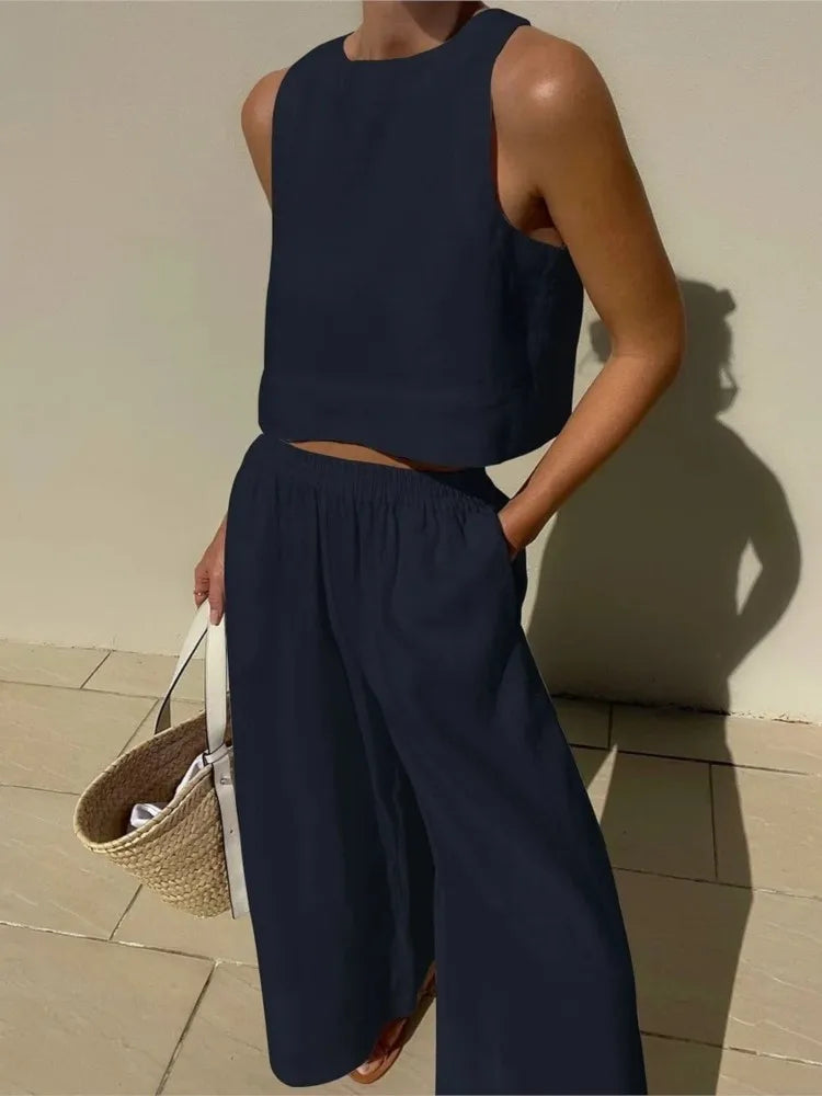 Women's Solid Color Casual Sleeveless Shirt And Pants Two Piece Summer Loose Simple Wide Leg Pants Vest Female 2025 Navy Blue