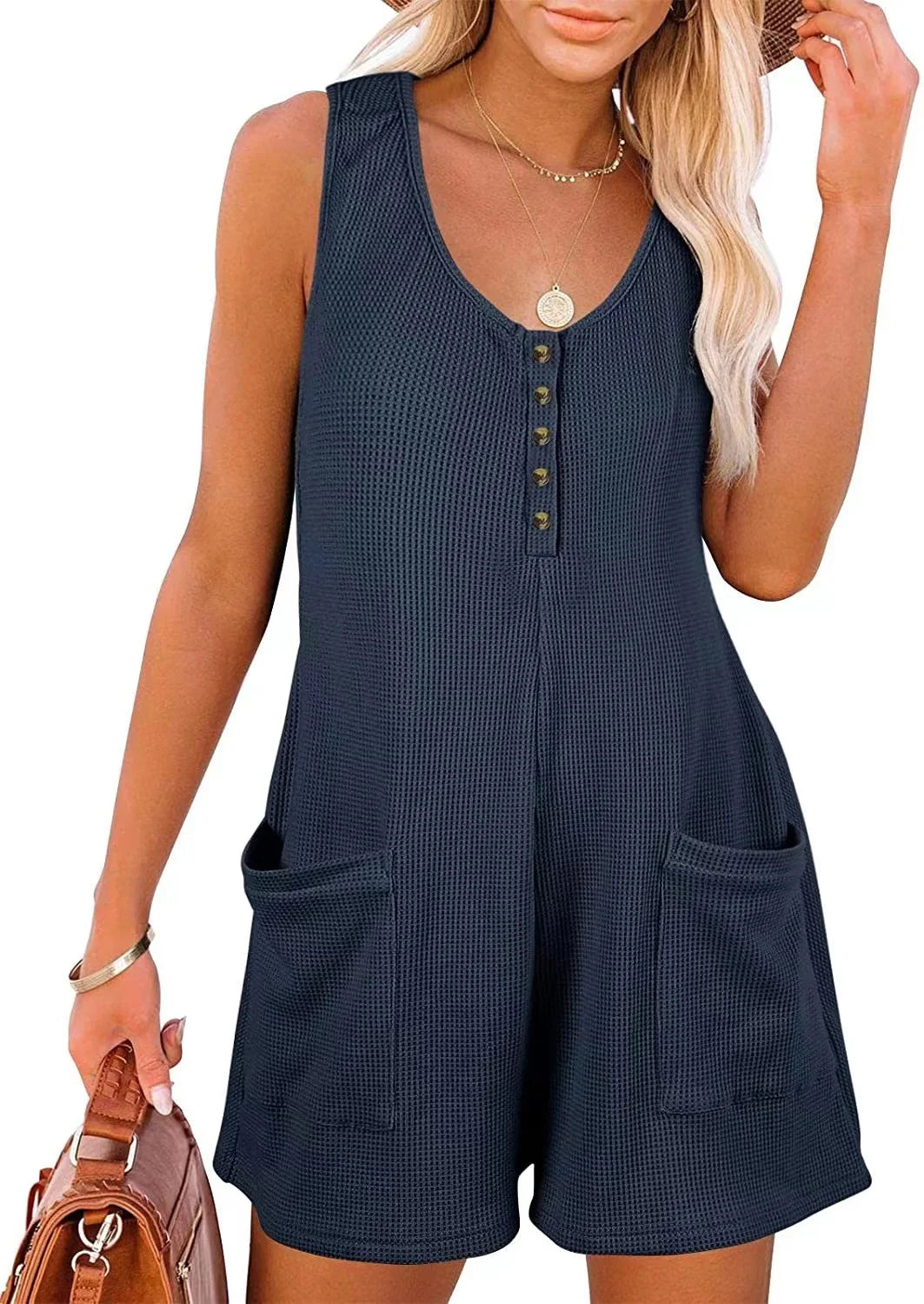 Women Loose Overalls Boho Solid Color V Collar  Pocket Sleeveless Rompers Summer Casual Clothes Short Jumpsuit Badiee Stylez