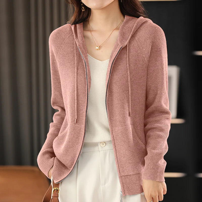Women Cardigans Autumn Winter Turn-down Collar Zip Front Cardigan Thick Loose Sweater Basic Warm Knit Casual Korean Outerwear pink