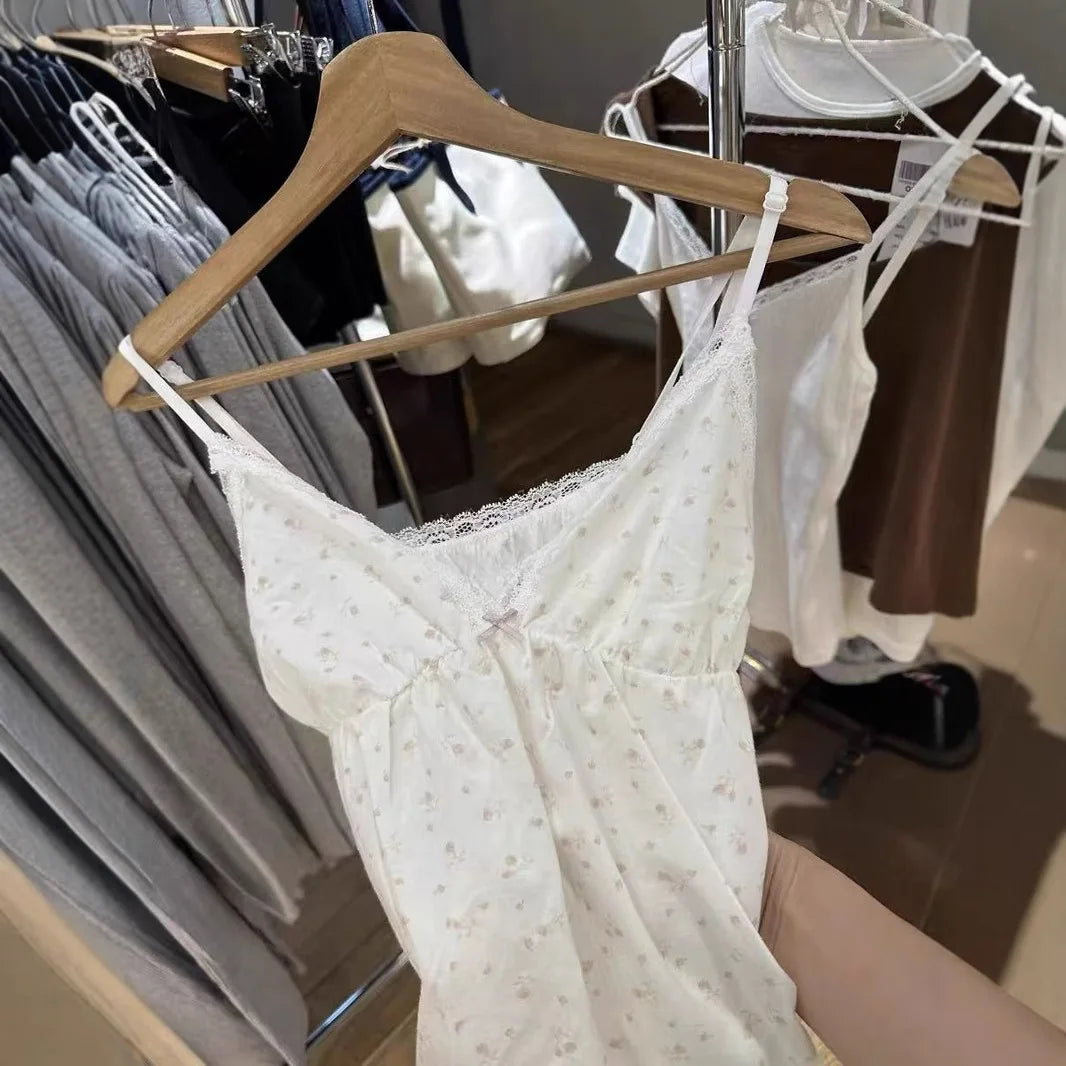 Floral Print Bow V Neck Camis Women Chic Lace Trim Sleeveless Slim Crop Tops Vest Sweet Casual Fashion Raw Hem Tank Top Y2k New