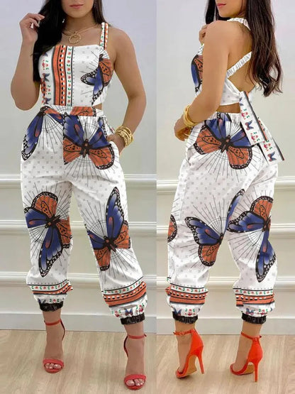 New Summer Fashion Printed Sleeveless Jumpsuit Sexy Hollow Backless Lace Up Long Jumpsuits Elegant Casual Jumpsuit With Pocket Badiee Stylez