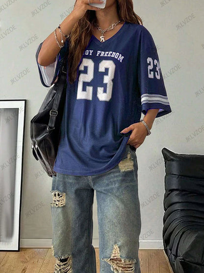 Summer New Black Enjoy Freedom 23 Print T-Shirt For Women V-Neck Short Sleeve Mesh Sports Football Jersey Y2K Oversized Tops TZ1127324