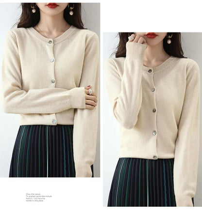 Knitted Cardigan Women's Sweater Autumn And Winter 2022 New Solid Color Coat Round Neck Short Long Sleeve Loose Korean Fashion