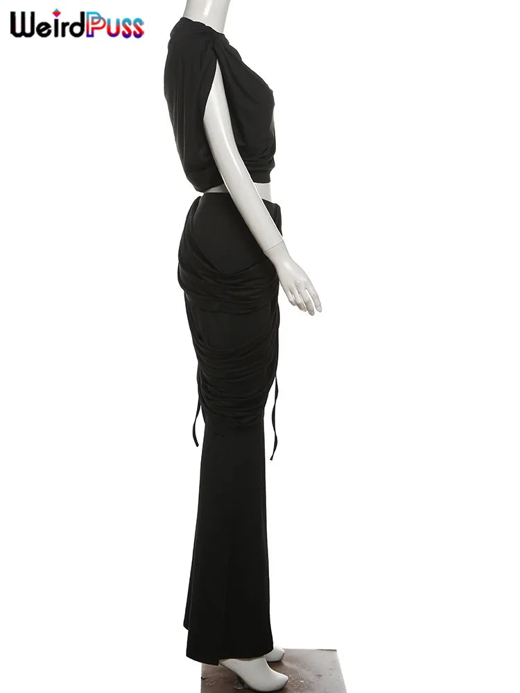 Weird Puss Elegant Irregular 2Piece Set Summer Women Chic Classic Tank Tops+Skirts Pants Matching Trend Ruched Suits Streetwear Badiee Stylez