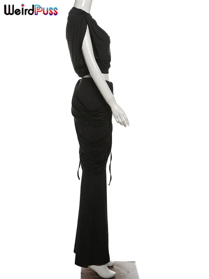 Weird Puss Elegant Irregular 2Piece Set Summer Women Chic Classic Tank Tops+Skirts Pants Matching Trend Ruched Suits Streetwear Badiee Stylez