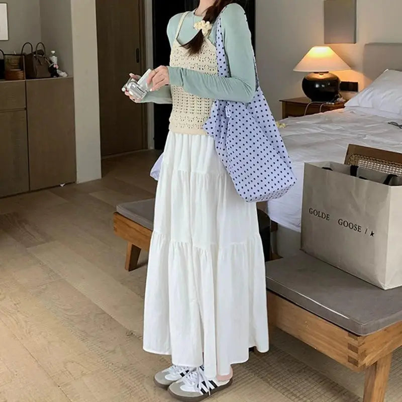 Pink midi skirt for women in spring and autumn summer 2025new high waist slimming A-line long skirt, small and fluffy cake skirt white