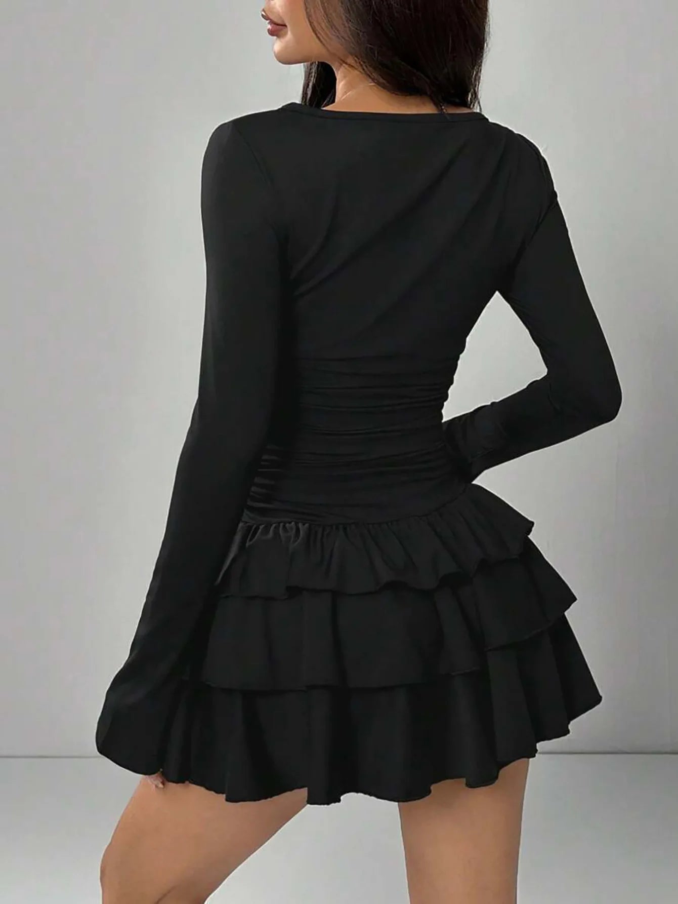 2025 Autumn Solid Slim Fit Cascading Ruffles Mini Dress Winter Women Elegant Flare Sleeve High Waist Sexy Party Bodycon Dresses Badiee Stylez