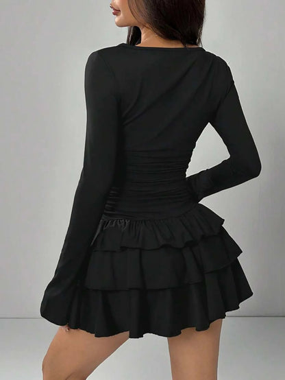 2025 Autumn Solid Slim Fit Cascading Ruffles Mini Dress Winter Women Elegant Flare Sleeve High Waist Sexy Party Bodycon Dresses Badiee Stylez