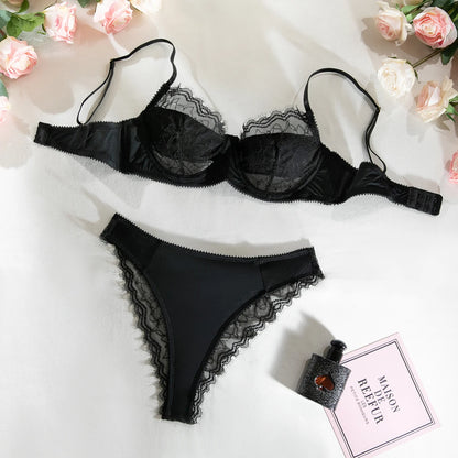 French Satin Lace Bra And Thong Set Sexy Ultrathint Lace Patchwork Lingerie Two Picec Sets Fancy Erotic Intimate Underwear Suit