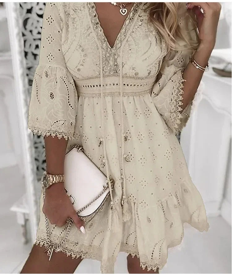 Hollow Out Summer Dress for Women Female V Neck Long Sleeve White Dresses Loose Solid Casual Women Beach Holiday Dress Vestidos Badiee Stylez