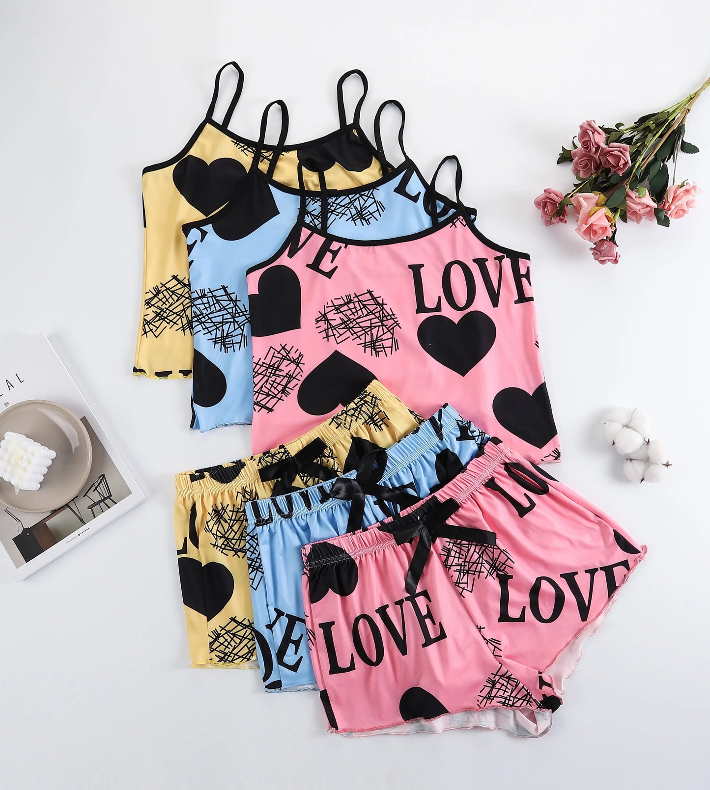 Women's Heart Print Summer Sleepwear Cami Top and Shorts Night Sleep Wear Pajamas 2 Pcs One Set Comfy Top with Shorts Pajamas MULTI