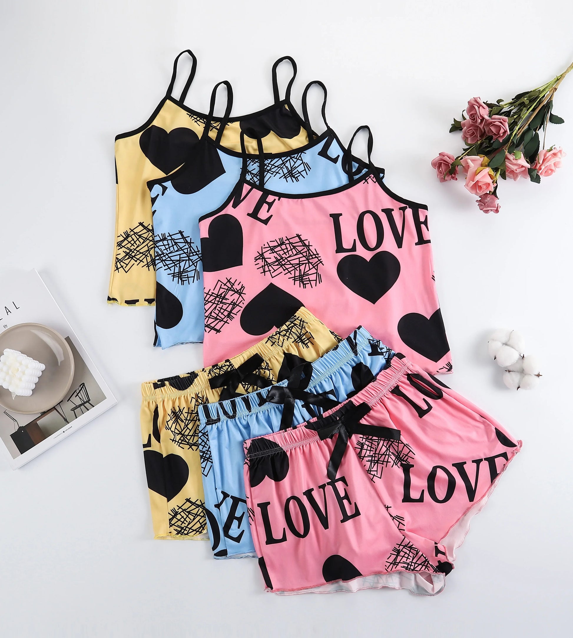 Women's Heart Print Summer Sleepwear Cami Top and Shorts Night Sleep Wear Pajamas 2 Pcs One Set Comfy Top with Shorts Pajamas MULTI