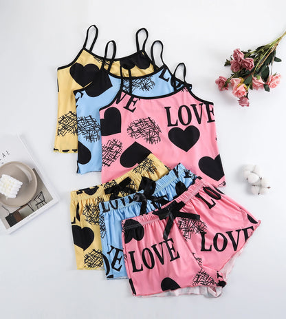 Women's Heart Print Summer Sleepwear Cami Top and Shorts Night Sleep Wear Pajamas 2 Pcs One Set Comfy Top with Shorts Pajamas MULTI