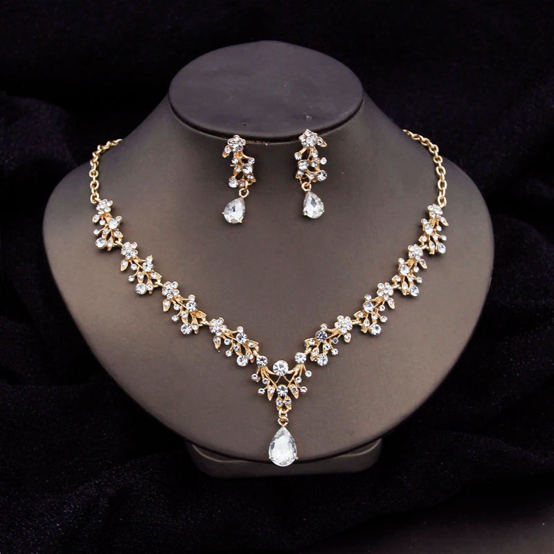 Gorgeous Crystal Fashion Jewelry Sets for Women Luxury Choker Necklace Earrings Prom Wedding Dress Bridal Necklace Sets Gold