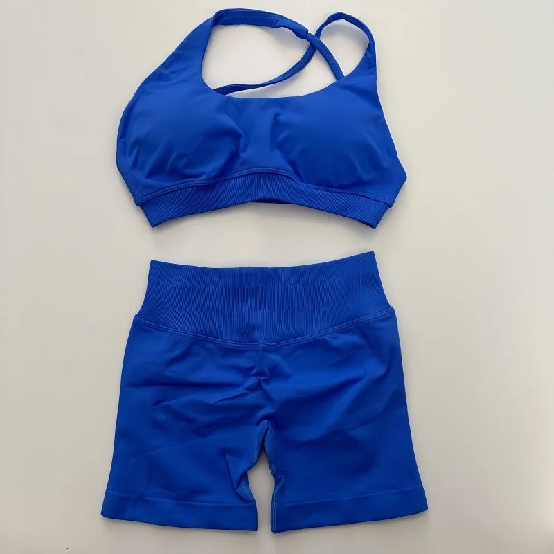 No Logo Yoga Asymmetric Gym Set Women Seamless Yoga Set Workout Shorts Sets Halter Sports Bra Scrunch Bum Shorts Fitness Clothes Badiee Stylez