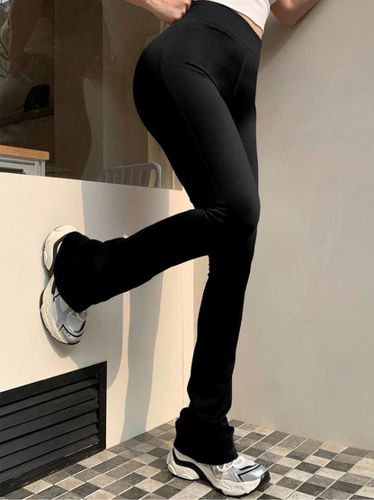 Women's Fashion Trousers Solid Colour High-waisted Flared Pants Slim and Skinny Women's Dragging Trousers Versatile Female Pants black