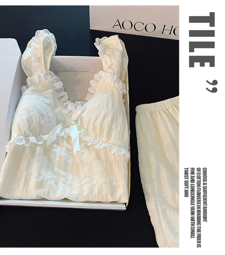 Summer Sexy Strap Spwear Women's ort Pants Loose Fit Home Clothes Set with Chest Pad 2024 New Tread Cotton Thin Woven