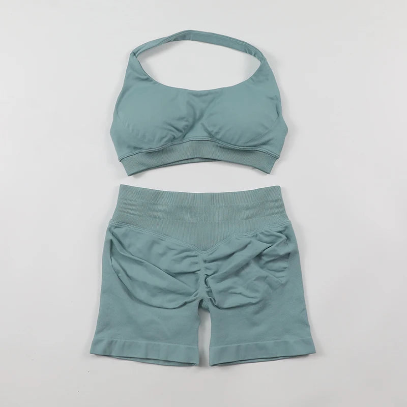 Fitness Shorts Sets Seamless Yoga Set Women 2Pcs Halter Sports Bra Scrunch Butt Gym Shorts Set Workout Clothes Summer Sportswear Badiee Stylez