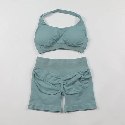 Fitness Shorts Sets Seamless Yoga Set Women 2Pcs Halter Sports Bra Scrunch Butt Gym Shorts Set Workout Clothes Summer Sportswear Badiee Stylez