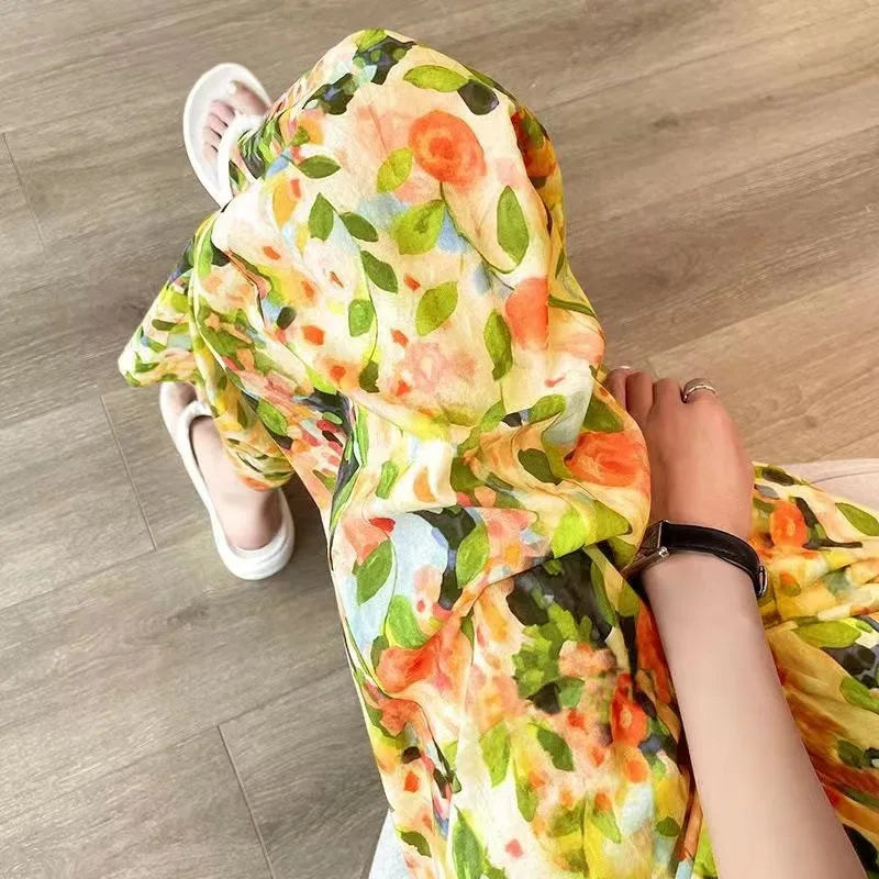 2024 Summer New Beach Pants Loose Wide-Leg Pant for Women Seaside Leisure INS High Waist Cropped Pant Straight Floral Trousers