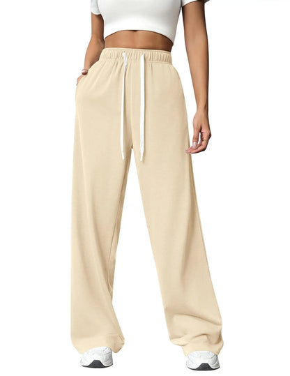 Casual Wide Leg Sports Pants for Women Casual Straight Leg Loose Solid Color Elastic Drawstring High Waisted Wide Leg Pants Apricot color