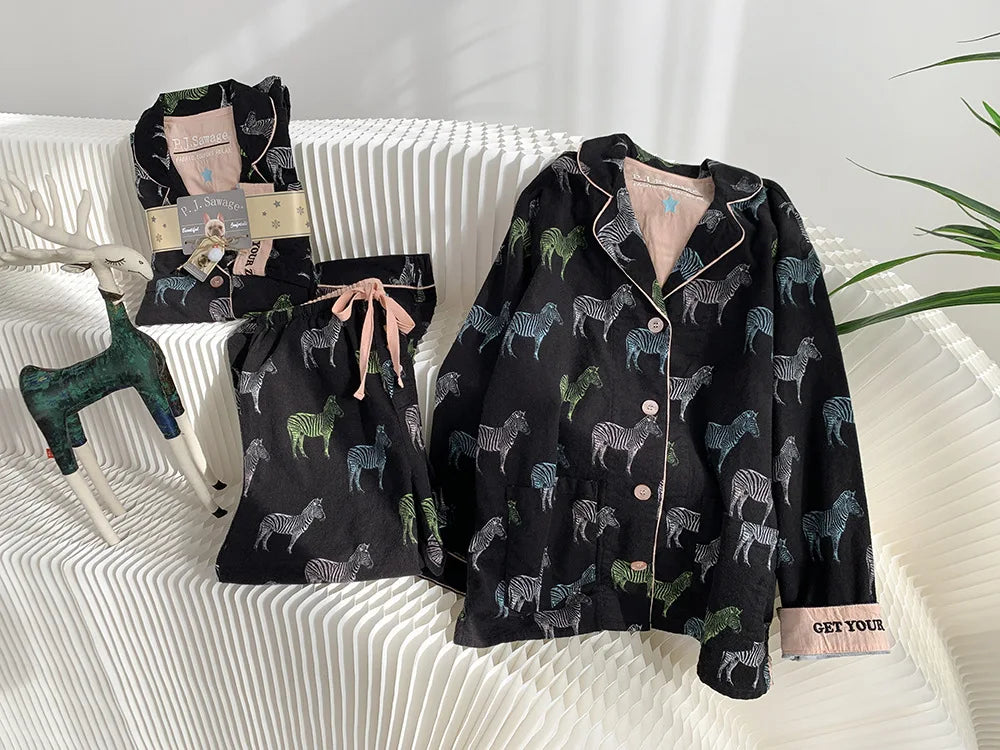 Women's Winter Pyjama Suit Print Long Sleeve Turn Down Collar Female Clothes 100% Cotton Single Breasted Sleepwear for Female