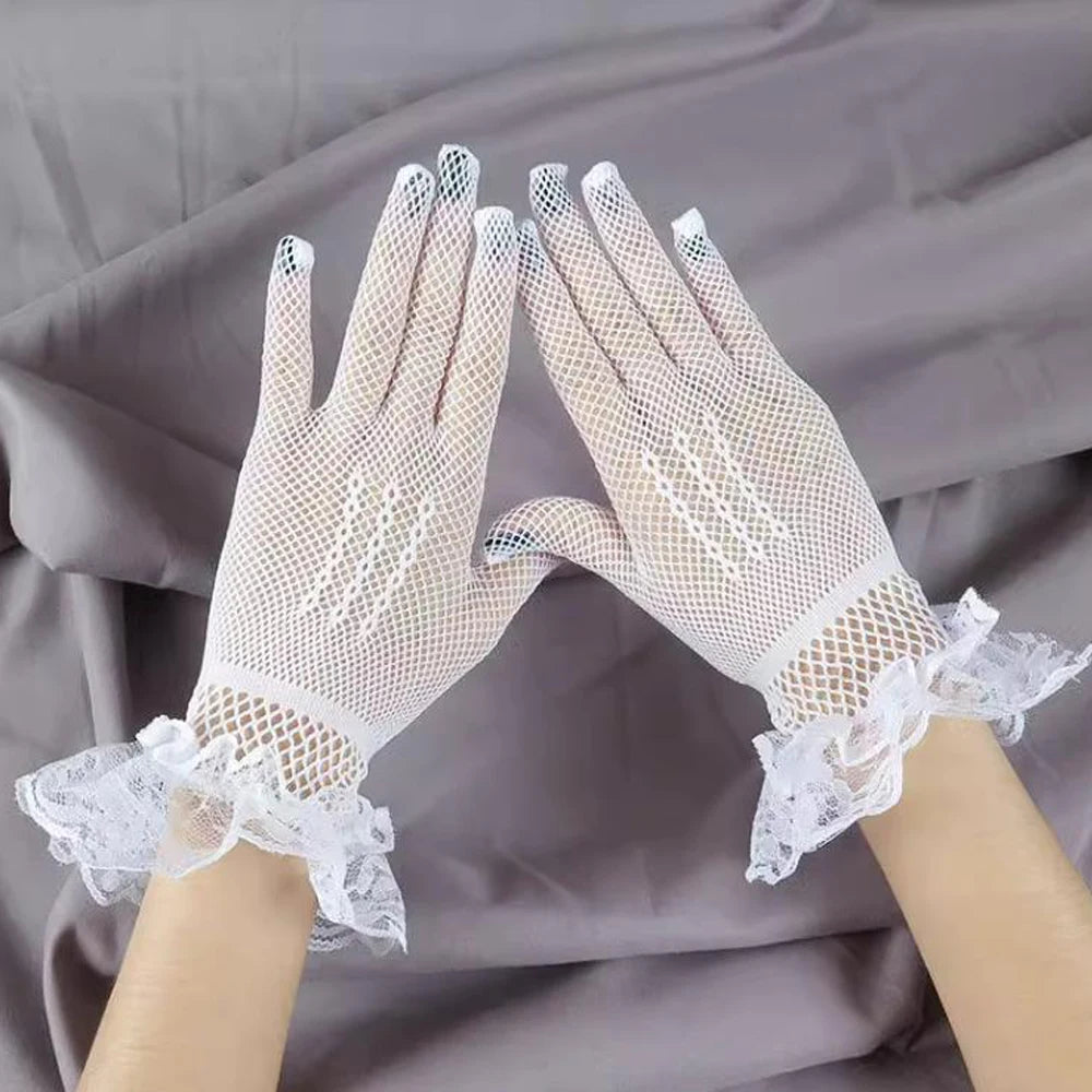Girls Lolita Lace Hollow Out Gloves Women Ceremony Etiquette Mesh Thin Mittens Gothic Punk Sexy Glove Black White Soft Elastic Style 02 White One Size