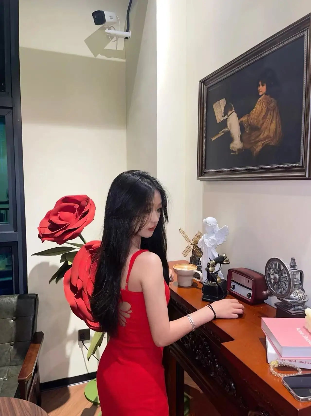 Pure wind red bow hollowed out beautiful back design halter dress female summer sexy slim-fit package hip skirt