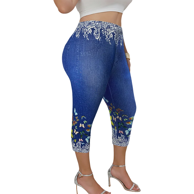 Plus Size Women's Capri Leggings with Butterfly Pattern Denim-Look Print Comfortable Stretch Fashion Casual Mid-Calf Knit Pants Blue