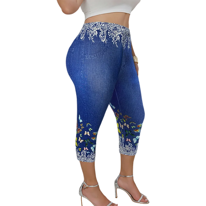 Plus Size Women's Capri Leggings with Butterfly Pattern Denim-Look Print Comfortable Stretch Fashion Casual Mid-Calf Knit Pants Blue
