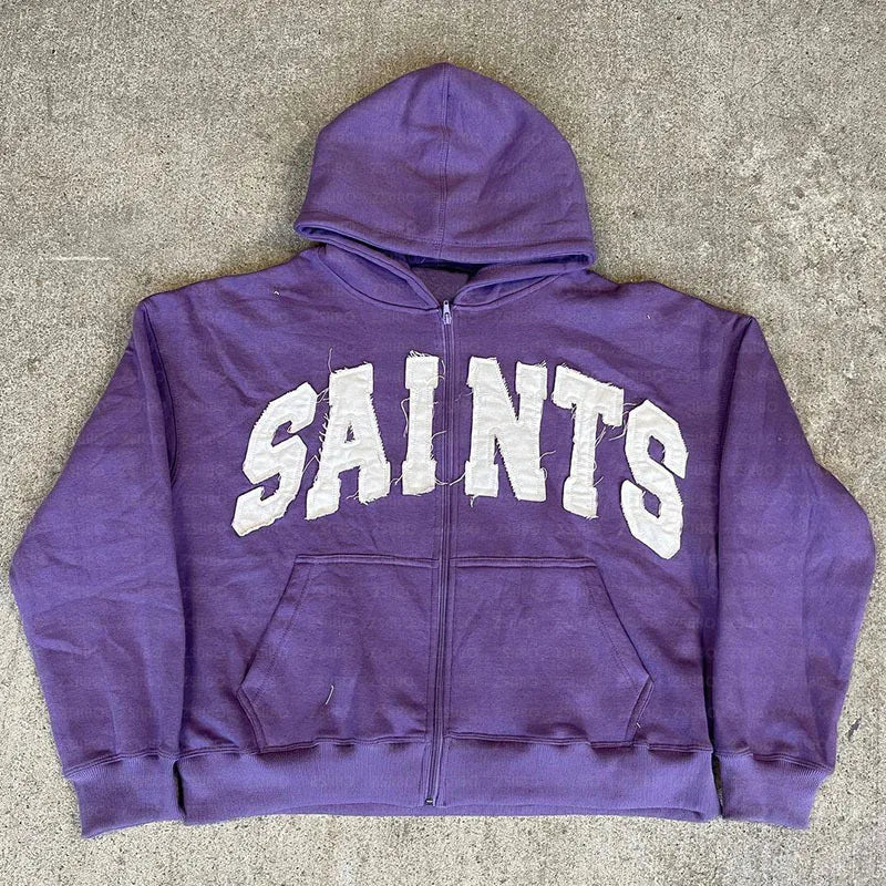 Y2K New European and American Fashion High Street Trendy Sweatshirts Hip Hop Zipper Jacket for Men Letter Patch Loose Hoodies