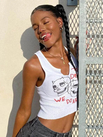 Square Collar Trendy Letter Print With Pin Buckles Tank Tops Women Skull Printed Casual Stretchy Sleeveless Crop Top