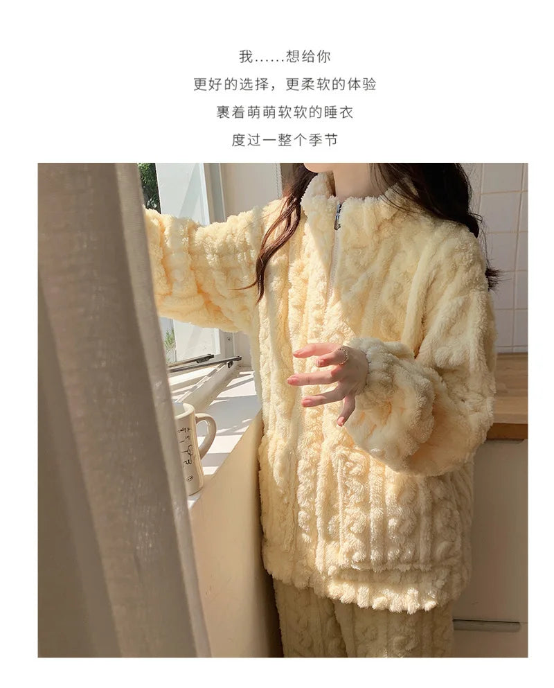Large Size Flannel Pajamas Set Autumn Winter Female Sleepwear Trouser Suit Thicken Coral Fleece High Collar Lounge Wear Homewear