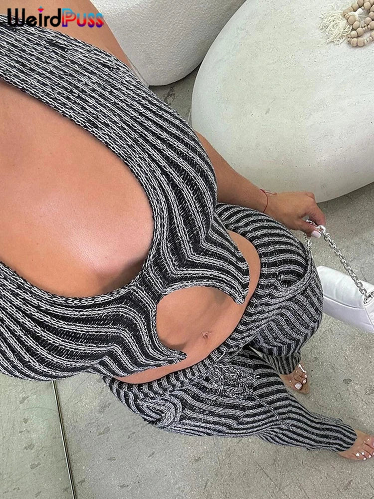 Weird Puss Patchwork Striped Women Casual 2 Piece Set Crochet Halter Low-Neck Vest+Pocket Pants Stretch Skinny Matching Suit Badiee Stylez